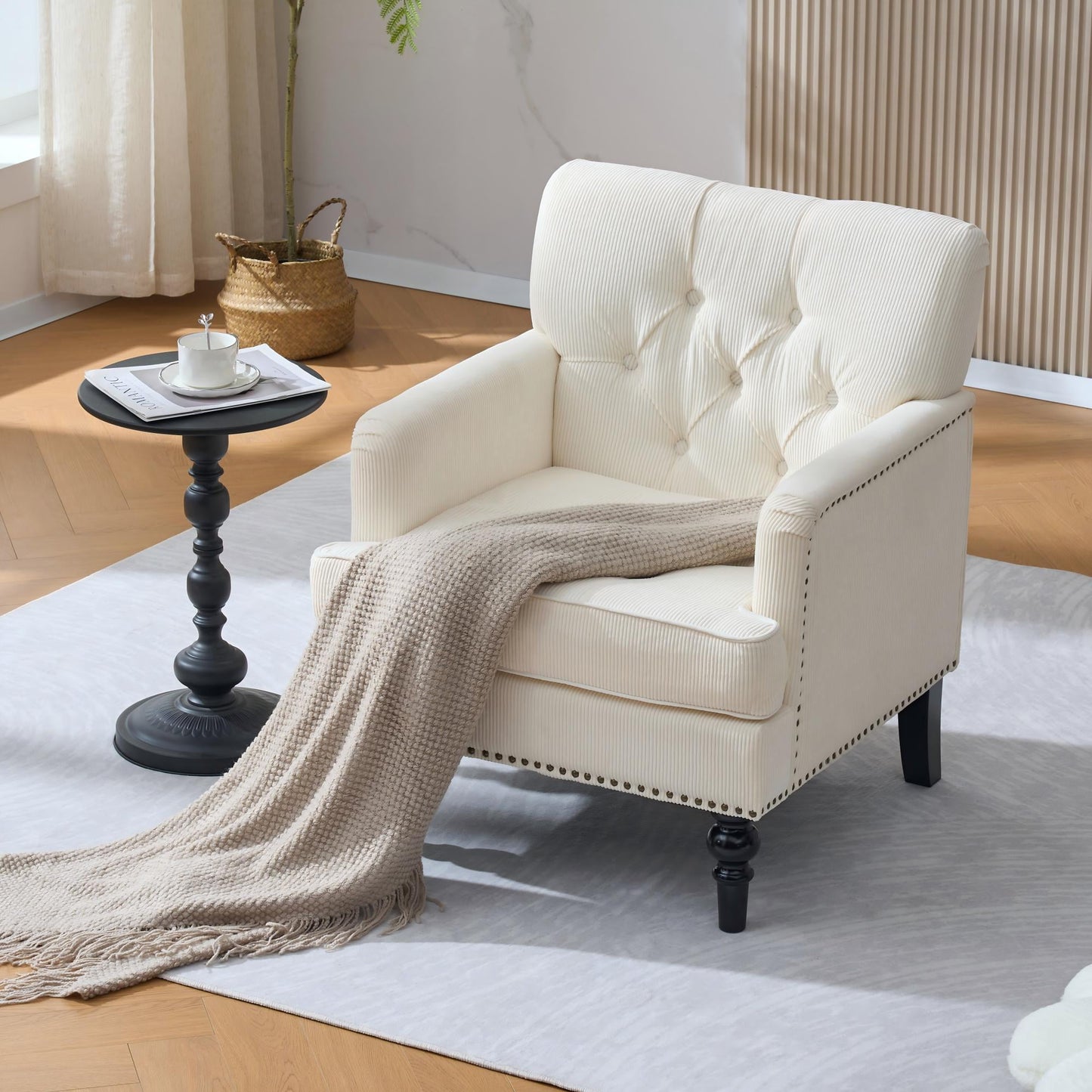 Jopath Tufted Club Chair, Accent Chair, Upholstered Button Armchair, Linen Fabric Corduroy Sofa Chairs For Bedroom, Living Room, Mid Century Modern With Studded Reading Chair Beige