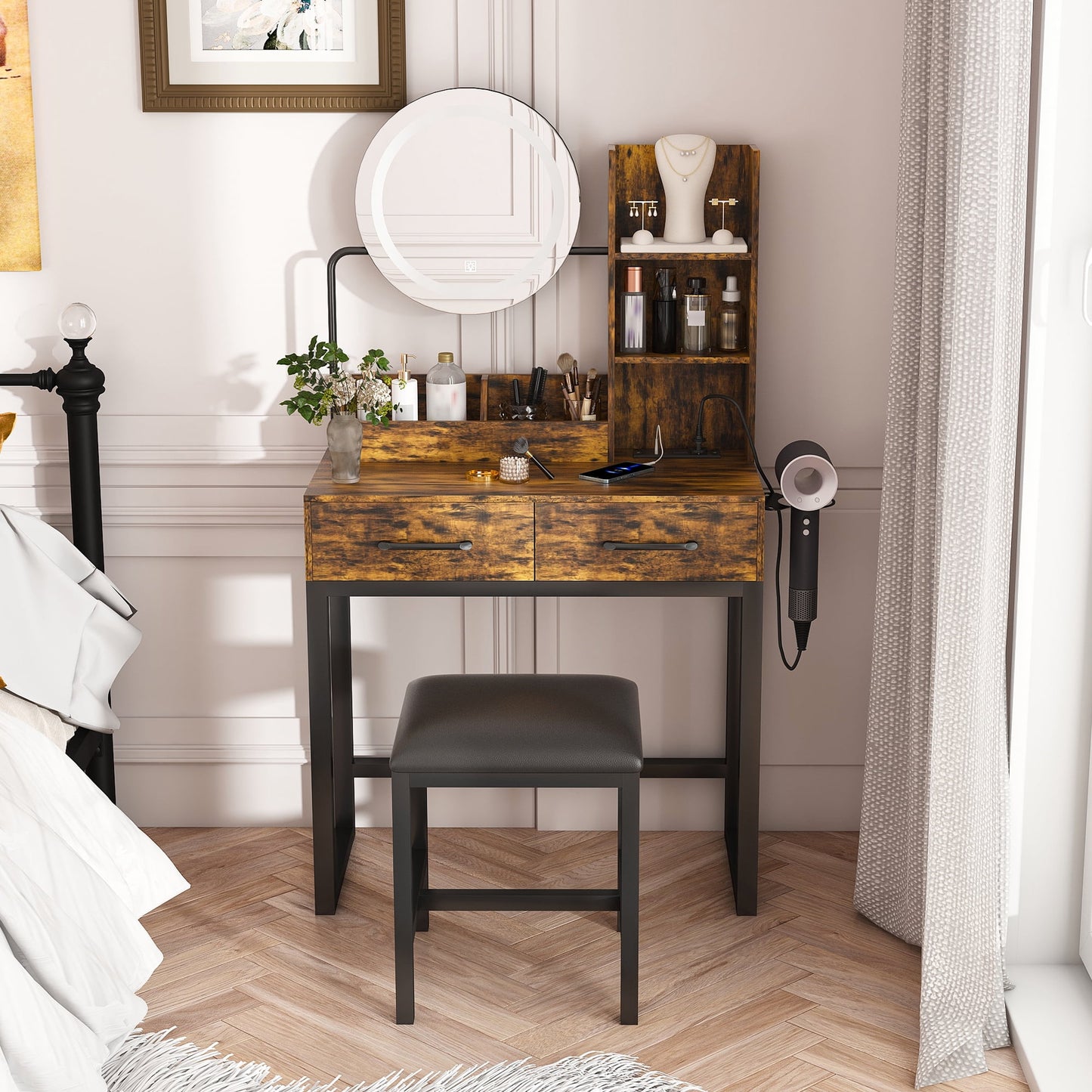 Jopath Vanity Desk with Mirror and Lights,Makeup Vanity Table with 5 Drawers and Metal Leg,Dressing Table for Bedroom,Dressing Room,White