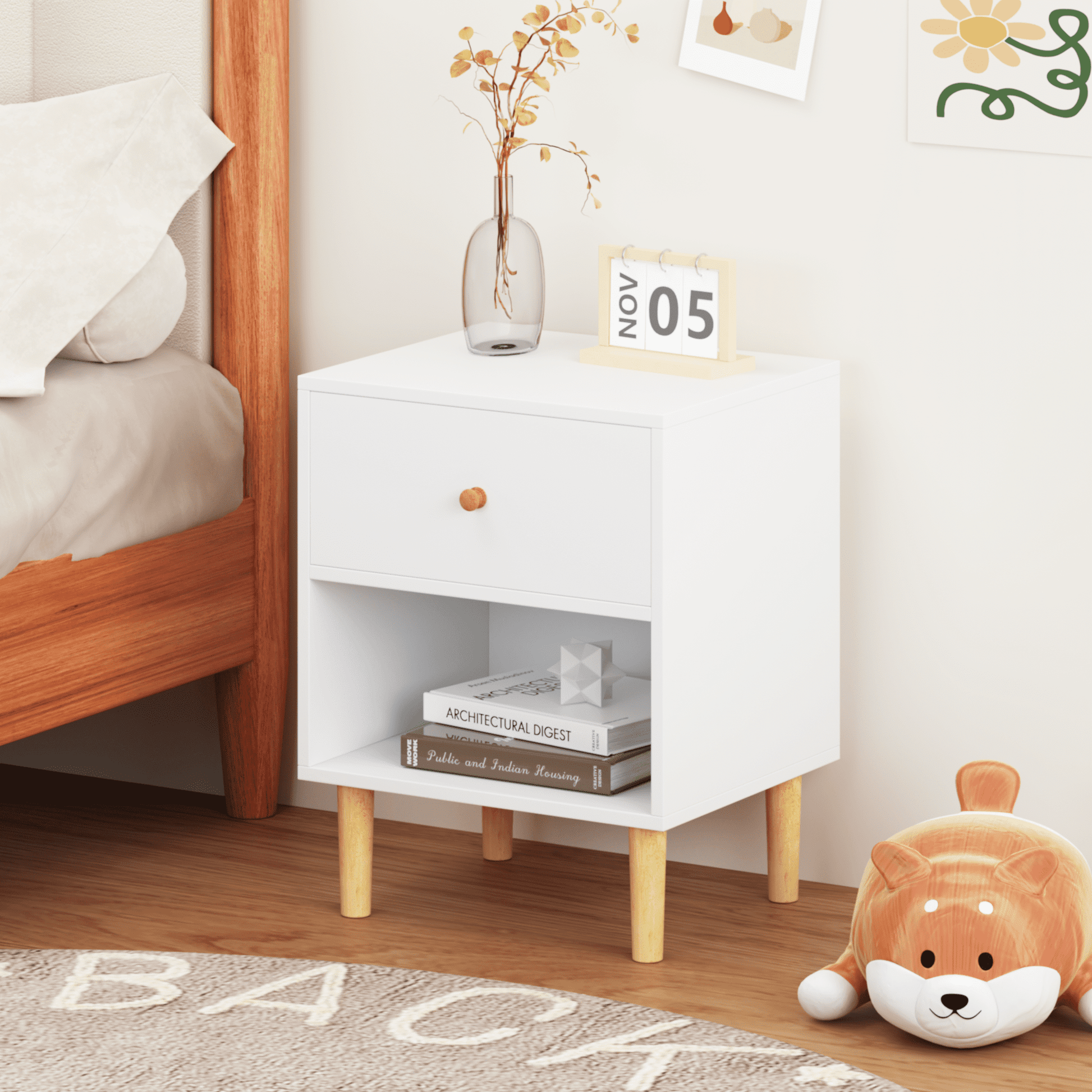 Jopath Mesita de Noche de Madera con Cajones y Estante Mesa Auxiliar para Apartamentos, Dormitorio, Blanco02