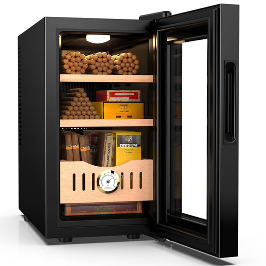 Joreek 26L Thermostatic Electric Cigar Humidor Adjustable Temperature Cooling and Heating 200 Counts Large Capacity Temperature Control Humidor Digital Hygrometer Smart LED Screen Gift for Men