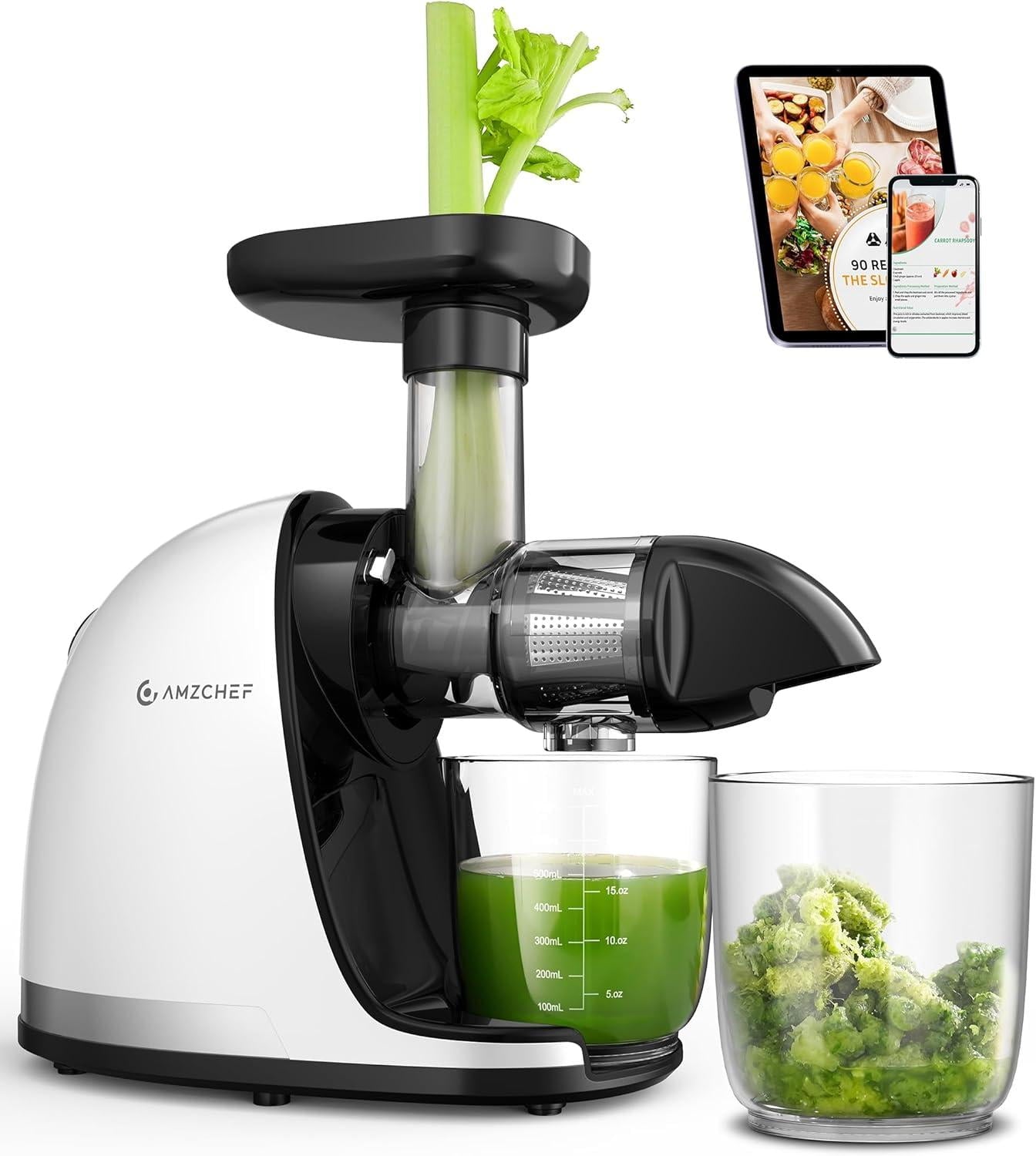 Juicer Machines - AMZCHEF Cold Press Masticating Juicer whole Fruit and Vegetable - Delicate Chew No Need to Filter - BPA Free Juice Extractor with 2 Cups and Brush- Pear White