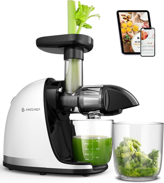 Juicer Machines - AMZCHEF Cold Press Masticating Juicer whole Fruit and Vegetable - Delicate Chew No Need to Filter - BPA Free Juice Extractor with 2 Cups and Brush- Pear White