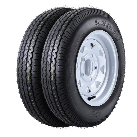 Juiluna Trailer Tires On Rims 5.30-12 530-12 5.30 X 12 5 Hole Wheel White Spoke pack of 2