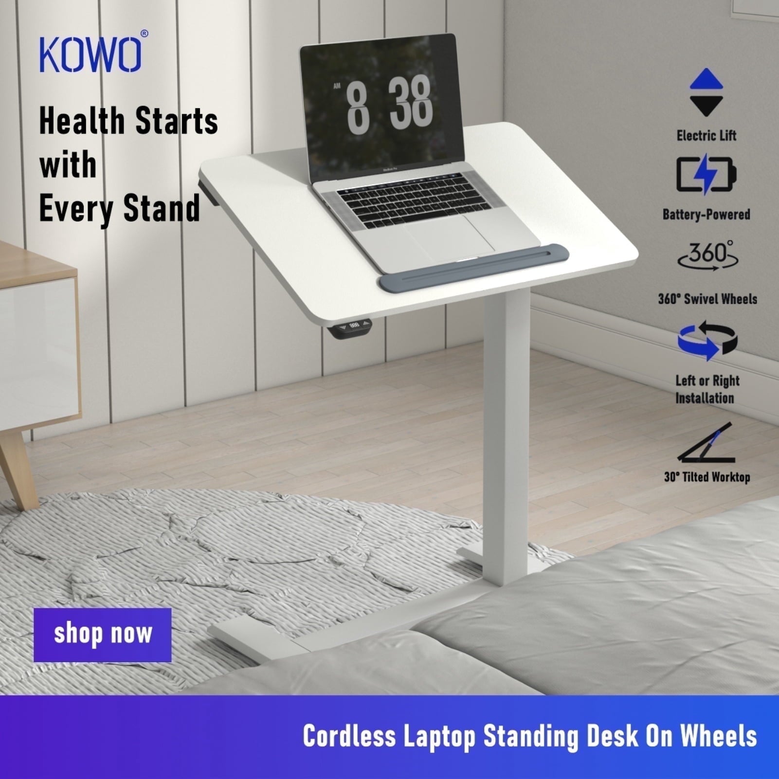 K30016 Electric Height Adjustable Soft Side End Table,Adult Lap Desks,27.5 in x 15.7 in, White, 1Pack