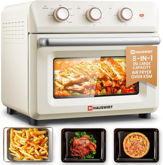K5M Air Fryer Toaster Oven Combo, Retro XL Large Oven 3-4People, Air Fryer Oven with Rotisserie Kit, 26.5QT 6-slices Toast 12" Pizza, Bake Toast Broil,1600W 190°F-450°F,Non-Stick,Cream White