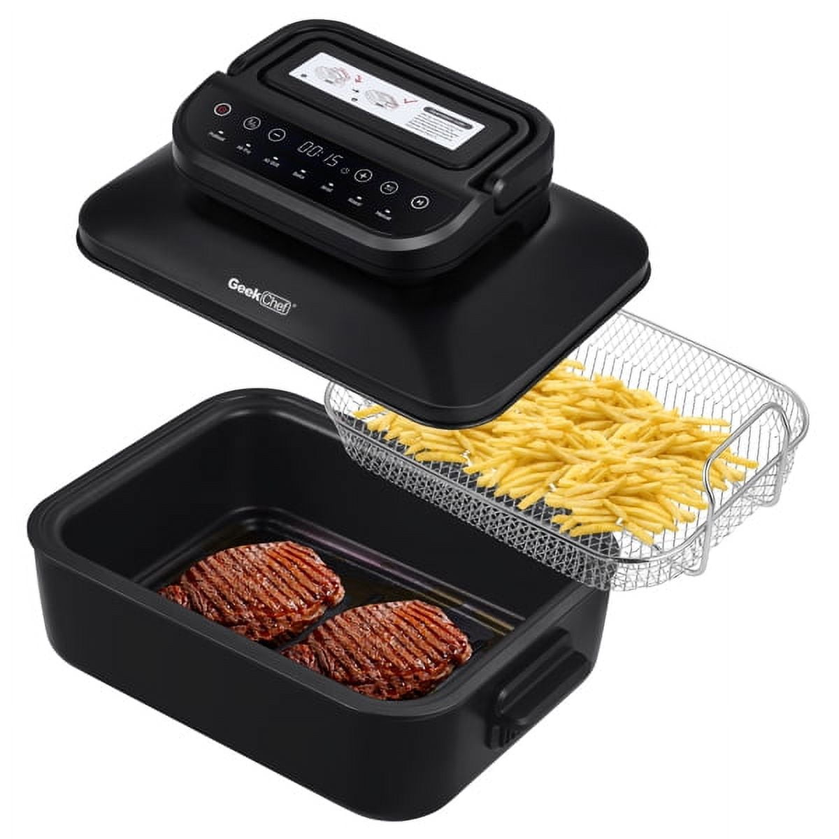 KEINXS 7 In 1 Smokeless Electric Indoor Grill with Air Fry, Roast, Bake, Portable 2 in 1 Indoor Tabletop Grill & Griddle with Preset Function, Removable Non-Stick Plate, Air Fryer Basket, 6-Serving