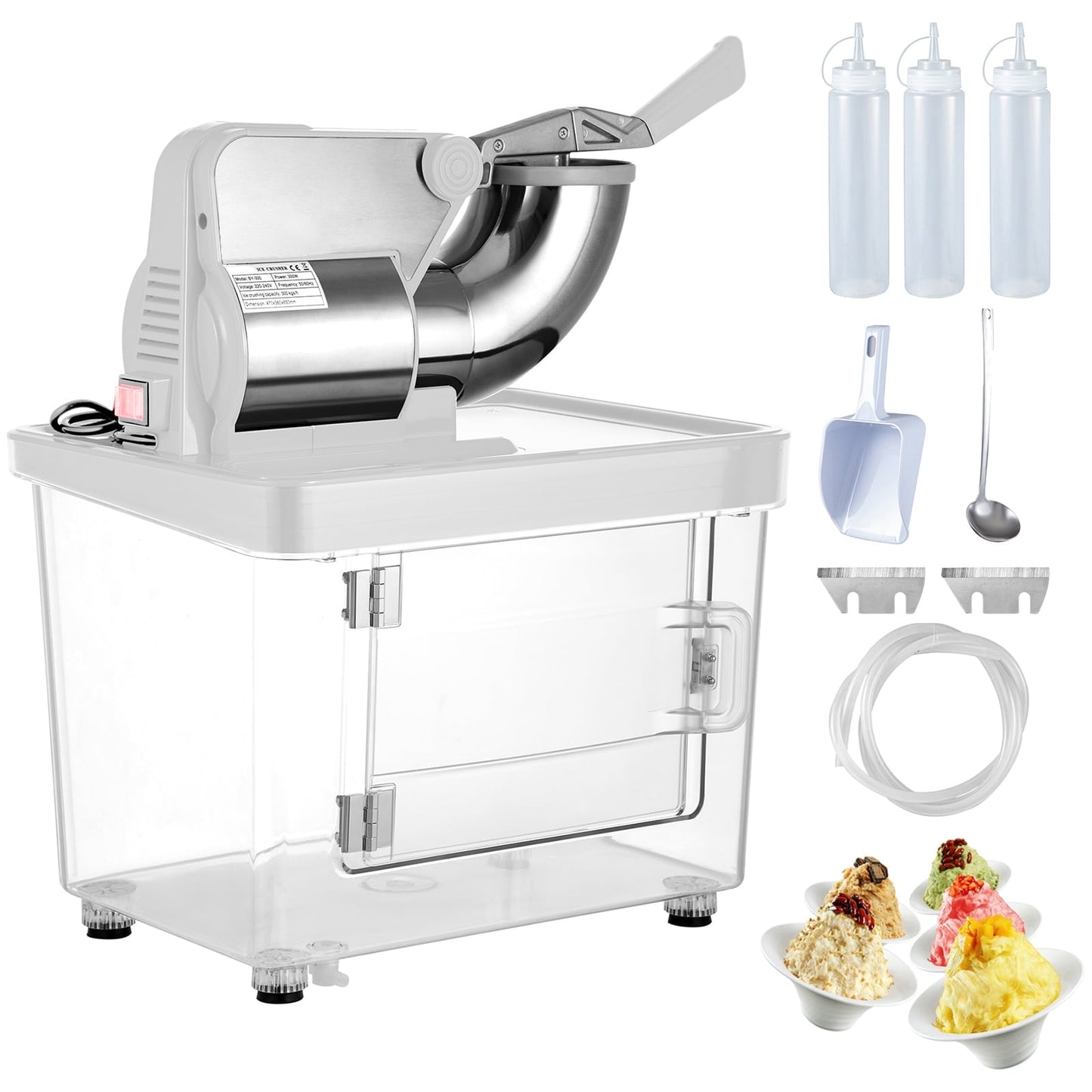 KFFKFF 110V Commercial Ice Crusher 440 lb/hr, ETL Approved 300W Electric Snow Cone Maker with Dual Blades, Stainless Steel Ice Shaving Machine with Safety Switch for Home, Restaurant, Bar