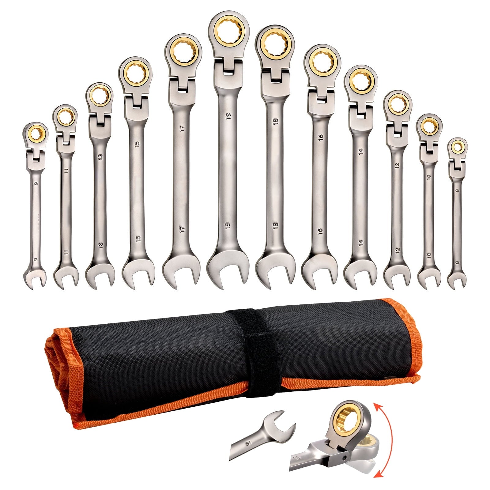 KFFKFF 12-Piece Metric Flex-Head Ratcheting Wrench Set, 8 mm to 19 mm, 72-Tooth Cr-V Steel Combination Wrenches with Roll-Up Pouch, Ideal for Household and Automotive Maintenance