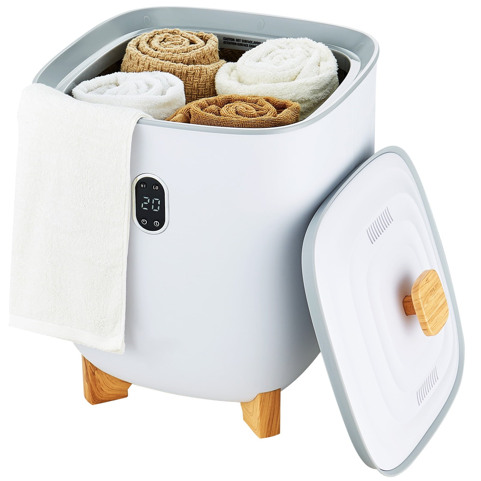 KFFKFF 20L Towel Warmer Bucket with LED Display, Blanket Warmer with Adjustable Timer and Temperature, Safety Lock, 4 Hooks, Suitable for Home, Spa, Countertop, or Floor Use