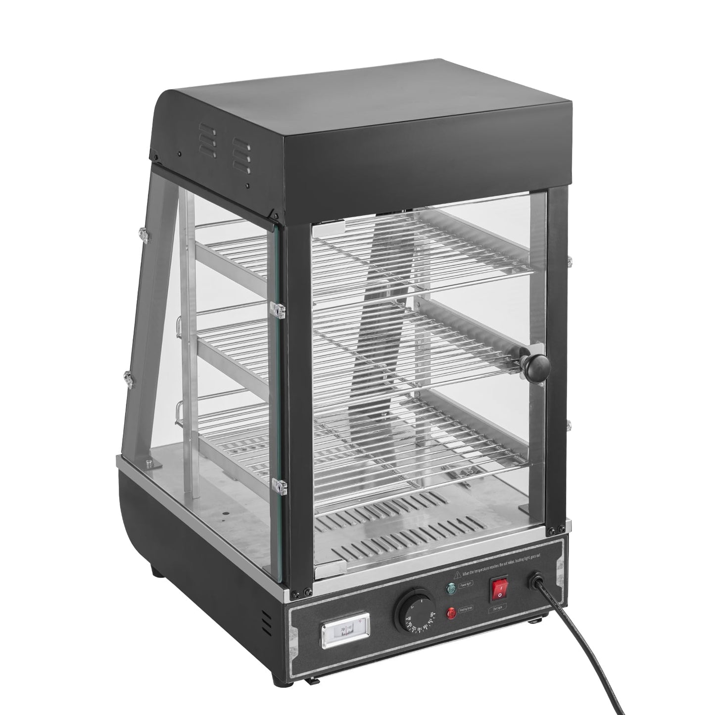 KFFKFF 3-Level Food Heating Showcase, 1000W with Illumination, Flexible Shelving & Temperature Control, 86℉~185℉ Steam Heat, 57L Capacity for Pizza, Burgers, Baked Goods, Fried Poultry