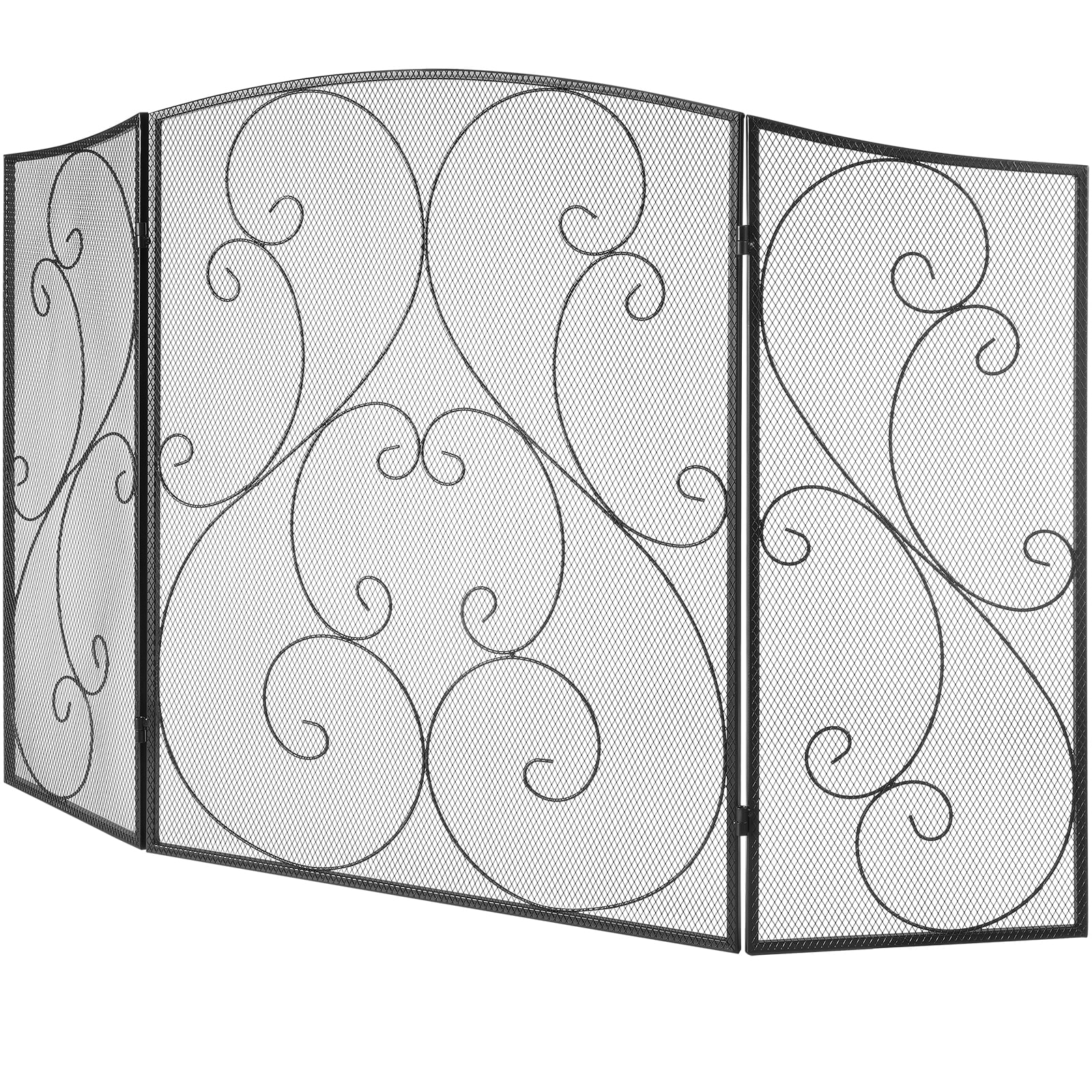 KFFKFF 3-Panel Fireplace Screen, Robust Iron Mesh Spark Guard, 48"(L) x30.2"(H), Pre-assembled, Independent Fireplace Barrier Grate, Ideal for Living Room Home Decoration, Classic Black