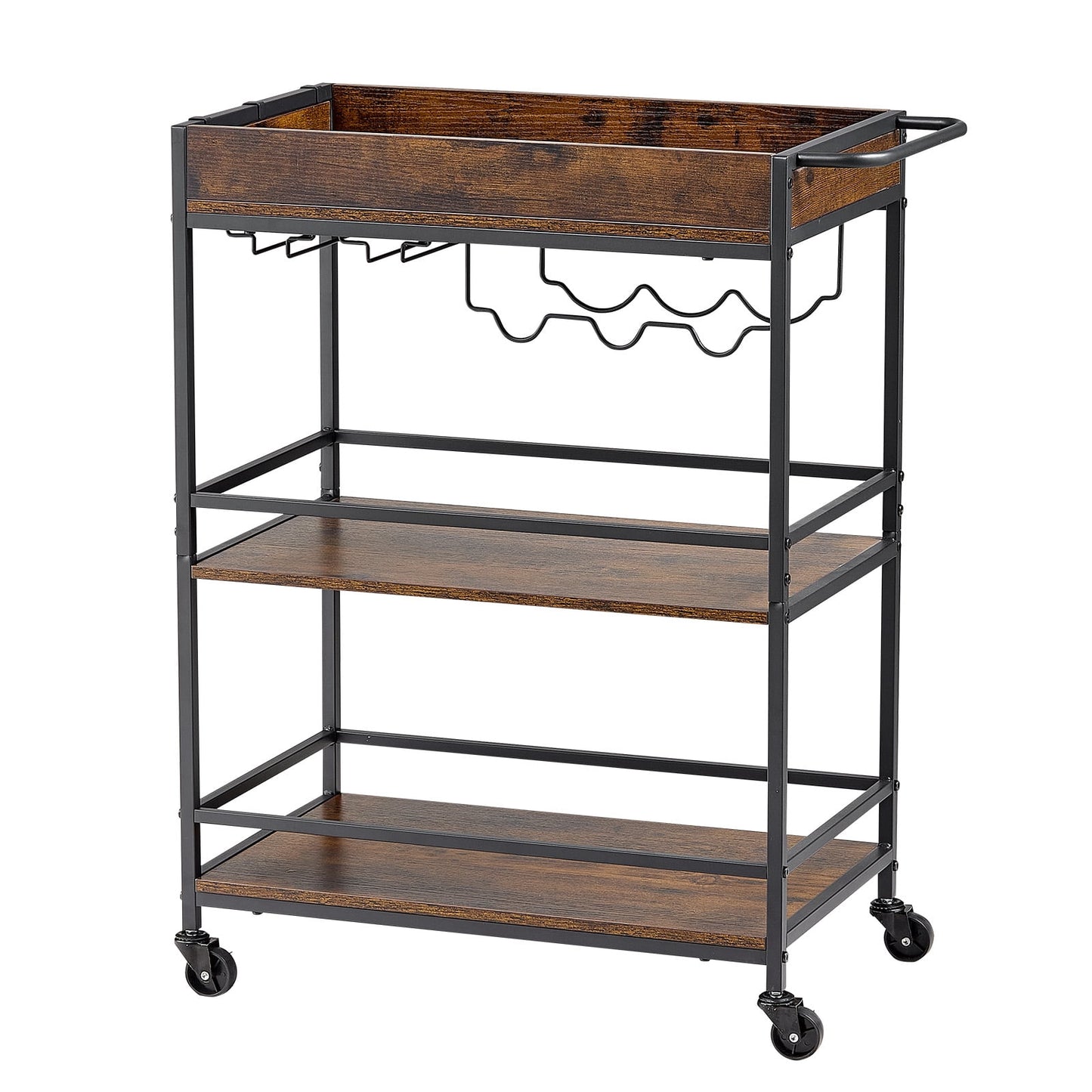 KFFKFF 3-Tier Bar Cart with Wheels, Industrial Rolling Utility Cart for Kitchen and Home, Mobile Beverage Shelf with Wine Rack and Glass Holder, 26.77x14.17x32.68 in, Rustic Brown and Black