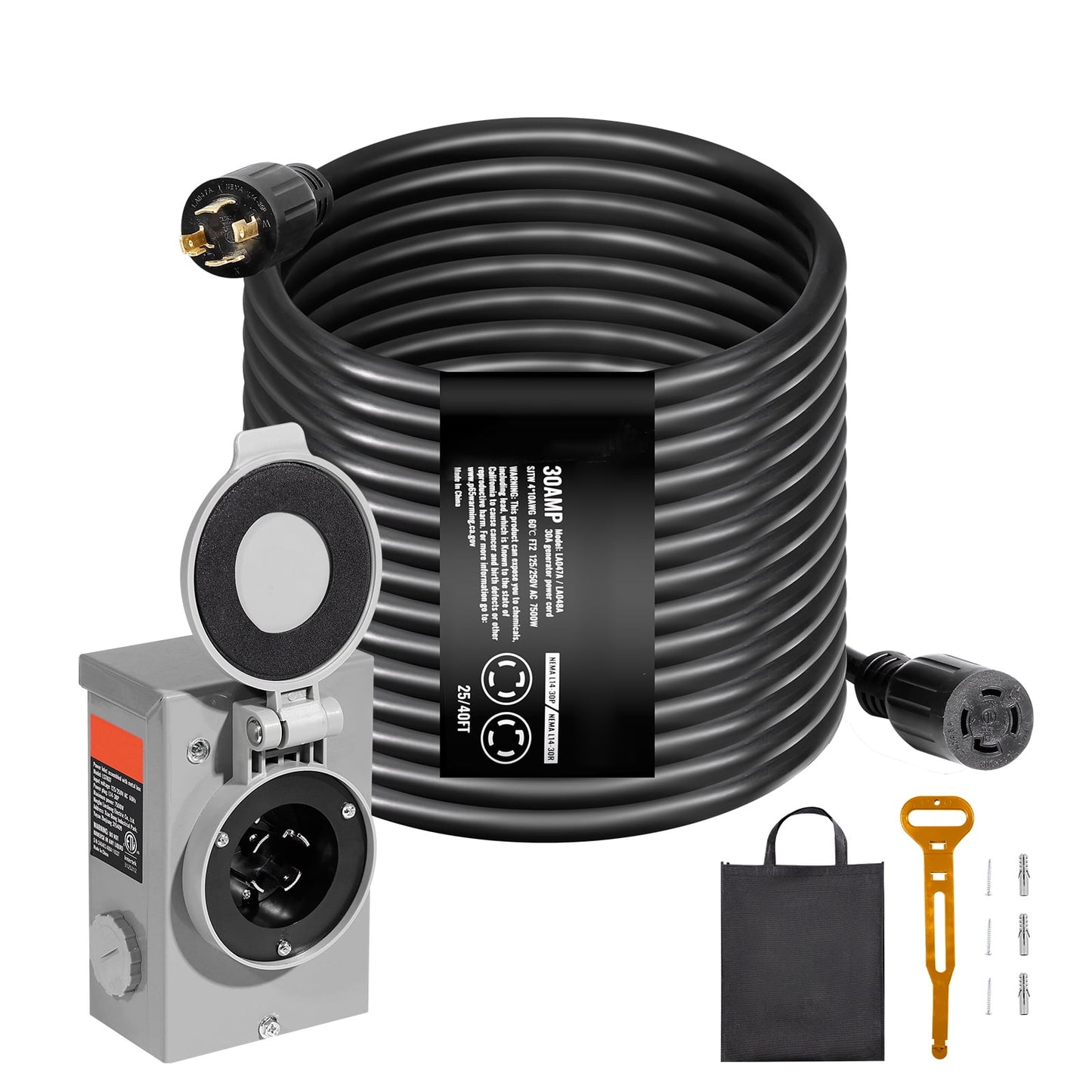 KFFKFF 30 Amp Cord & Power Box Set for Generators, 25 FT, NEMA L14-30P/L14-30R STW 10 AWG, Twist Lock, Pre-Drilled Box for RV Use, ETL Certified