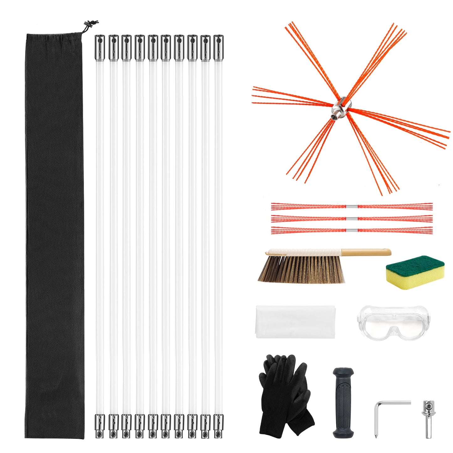 KFFKFF 33 ft Extendable Chimney Cleaning Kit with Bristle Replacements & Goggles, Flexible Design for 90Â° Angles, Suitable for Square and Rectangular Chimneys