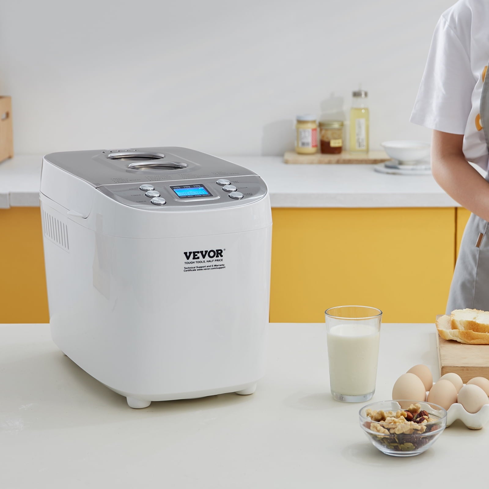 KFFKFF 3LB 15-in-1 Bread Maker Automatic Compact Dough Machine Nonstick White
