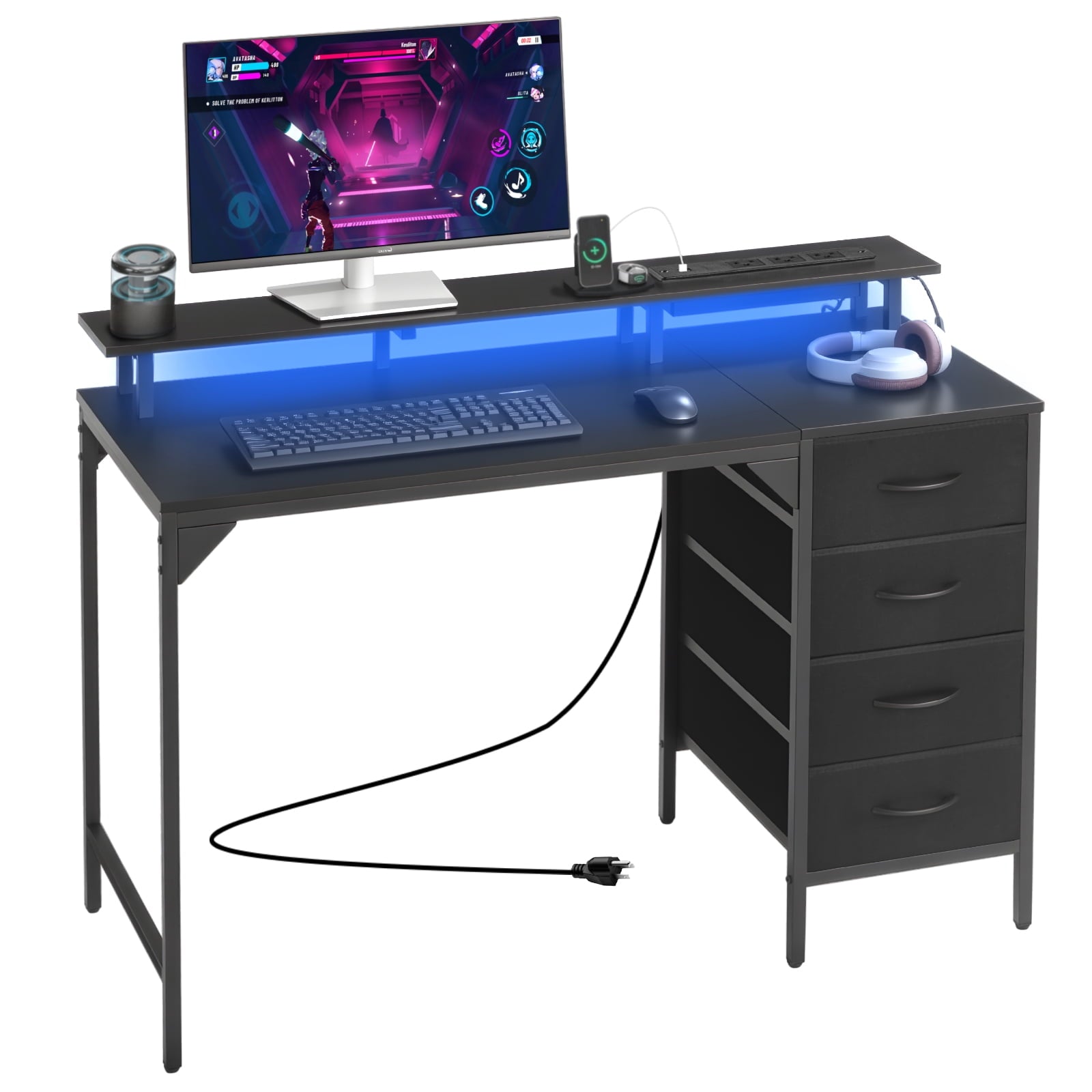 KFFKFF 47" Gaming Desk with LED Lighting & Power Outlets, Computer Desk with 4 Spacious Drawers, Monitor Riser, Black