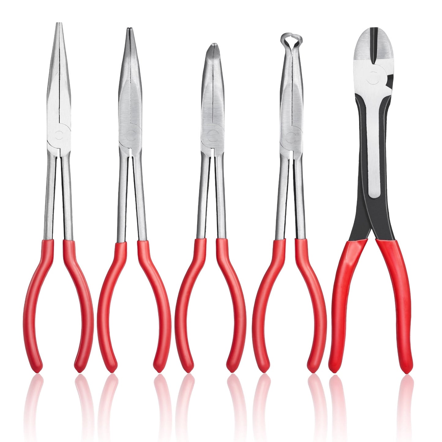 KFFKFF 5-Piece Needle Nose Pliers Set, 11 in Long Pliers Kit, Diagonal Cutting, 45Â°/90Â° Bent Nose, Round Nose, Long Nose Pliers with Storage Case