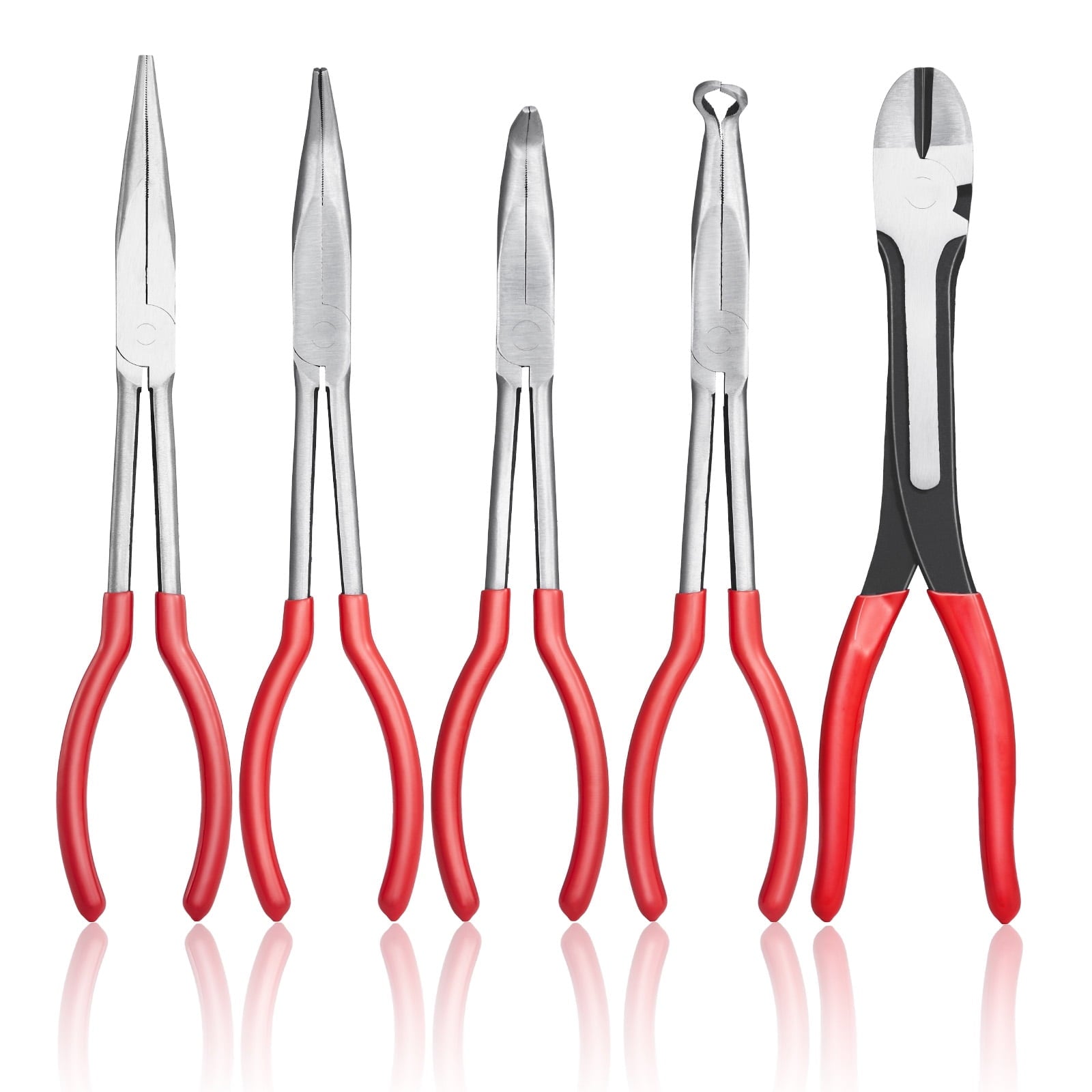KFFKFF 5-Piece Needle Nose Pliers Set, 11 in Long Pliers Kit, Diagonal Cutting, 45Â°/90Â° Bent Nose, Round Nose, Long Nose Pliers with Storage Case