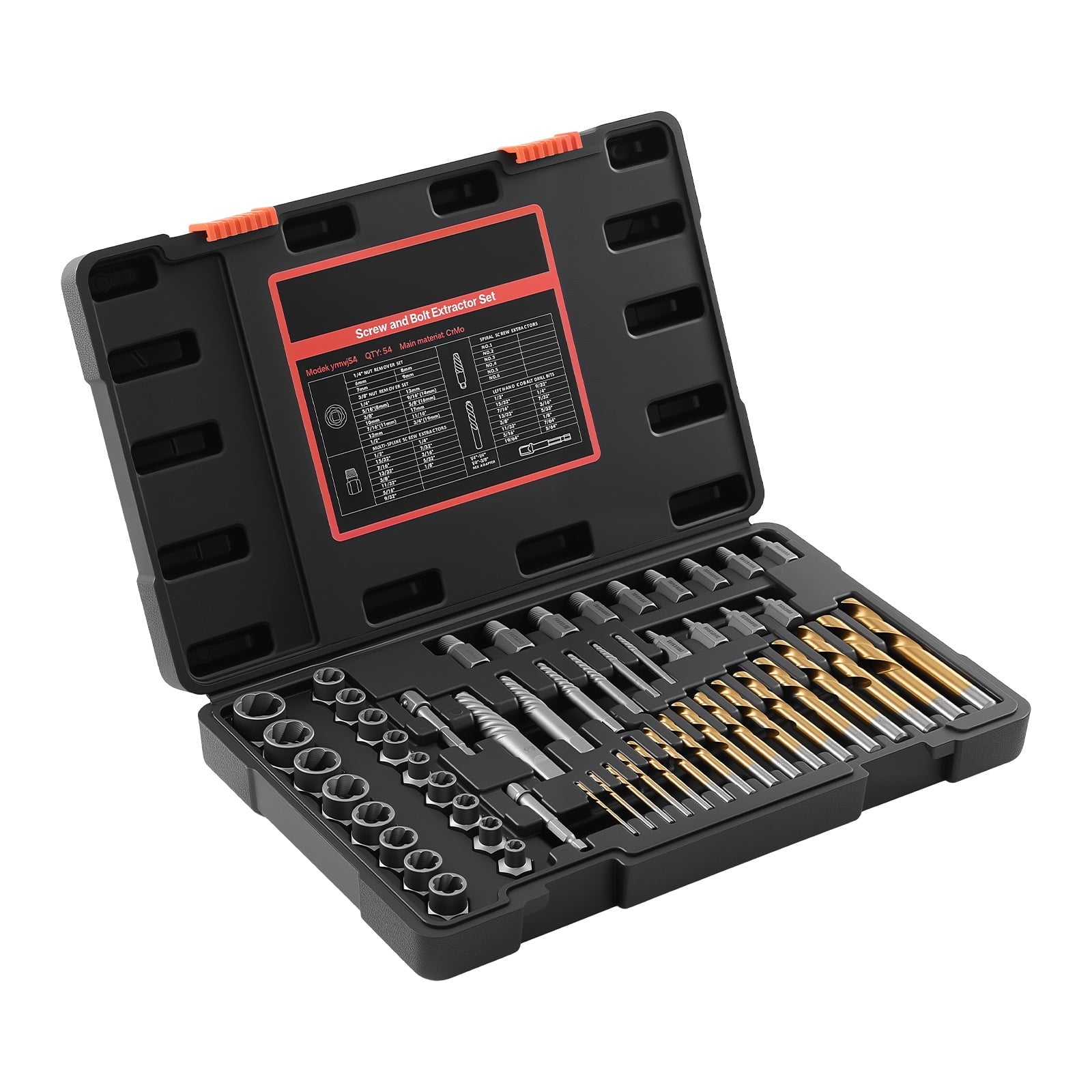 KFFKFF 54-Piece Screw Extractor Set with Drill Bits, Includes Nut Bolt Extractors, Adapters, and Storage Case, Made of Cr-Mo Steel for Removing Damaged, Rounded, or Stripped Fasteners
