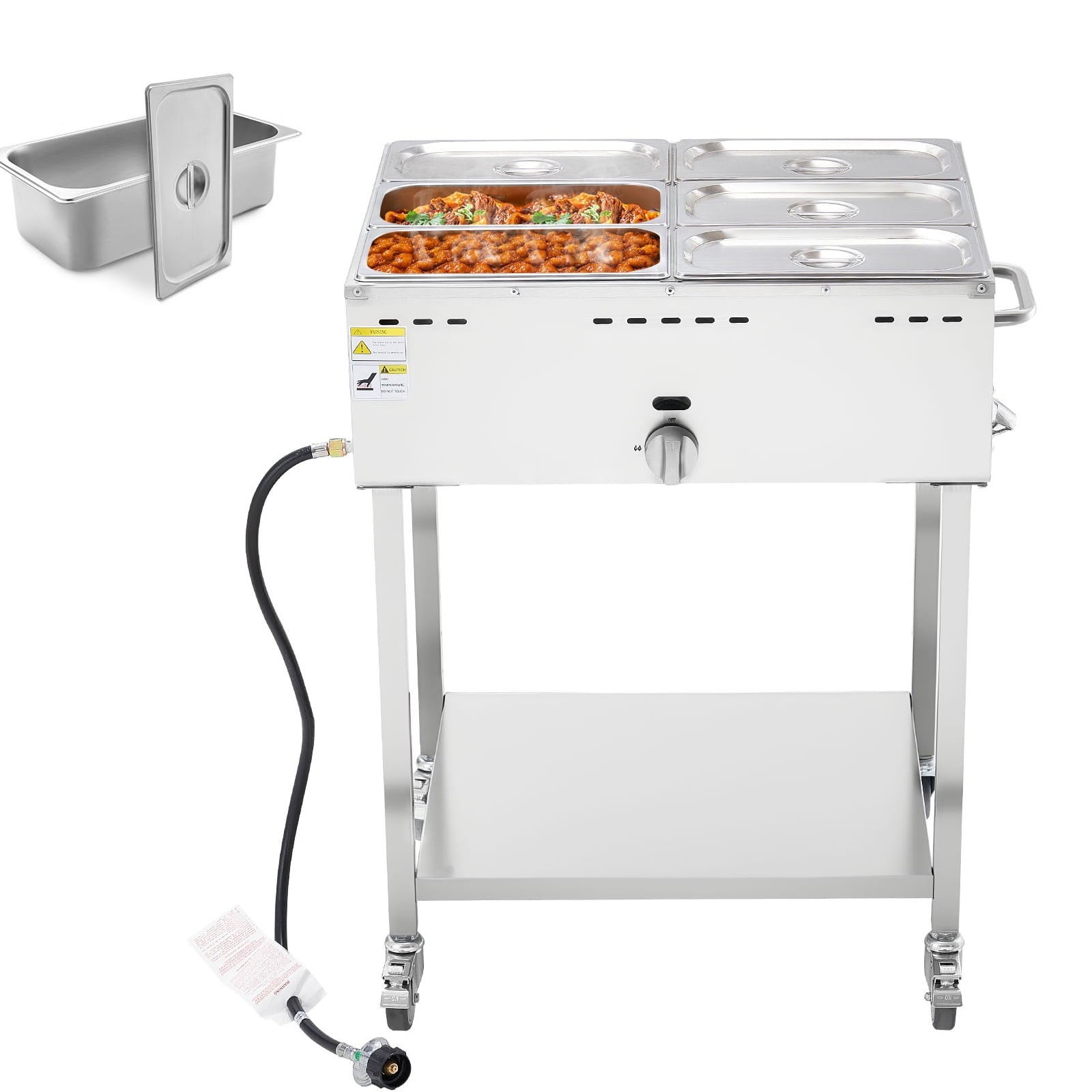 KFFKFF 6-Pan Commercial Propane Steam Table, Outdoor Soup Warmer with Drain Valve and 3" Wheels, Stainless Steel Food Warmer with Adjustable Temperature, Suitable for Restaurants and Outdoor Camping