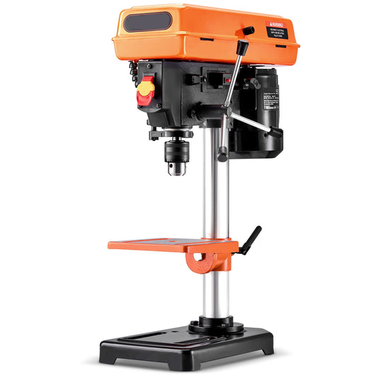KFFKFF 8-inch Bench Drill Press, 2.3A Motor, Adjustable Speeds (750/1140/1740/2340/3200 RPM), Tiltable Table 0-45°, LED Lighting, Suitable for Wood and Metal
