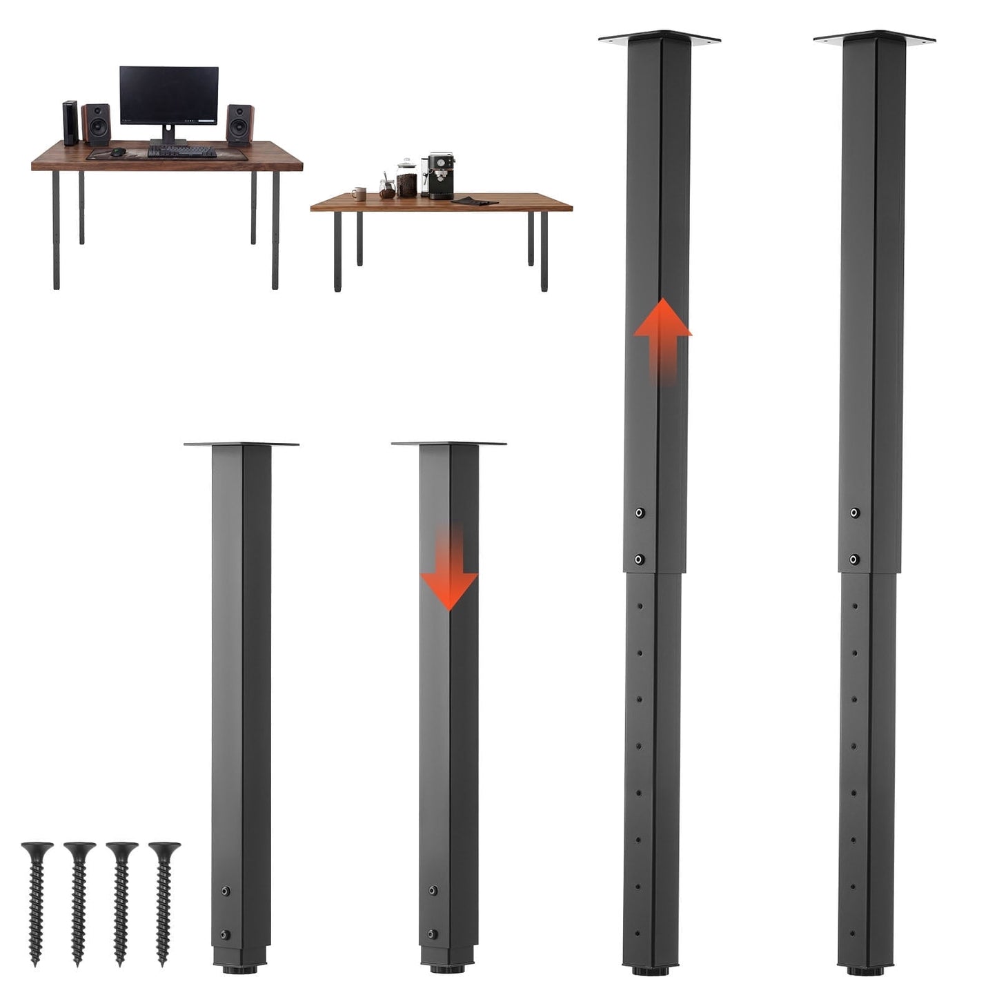 KFFKFF Adjustable Square Steel Table Legs, 24-40 in Height, Heavy Duty Design with 1200 lbs Load Capacity, Easy to Install for DIY Projects, Suitable for Desks, Coffee Tables, Set of 4, Black