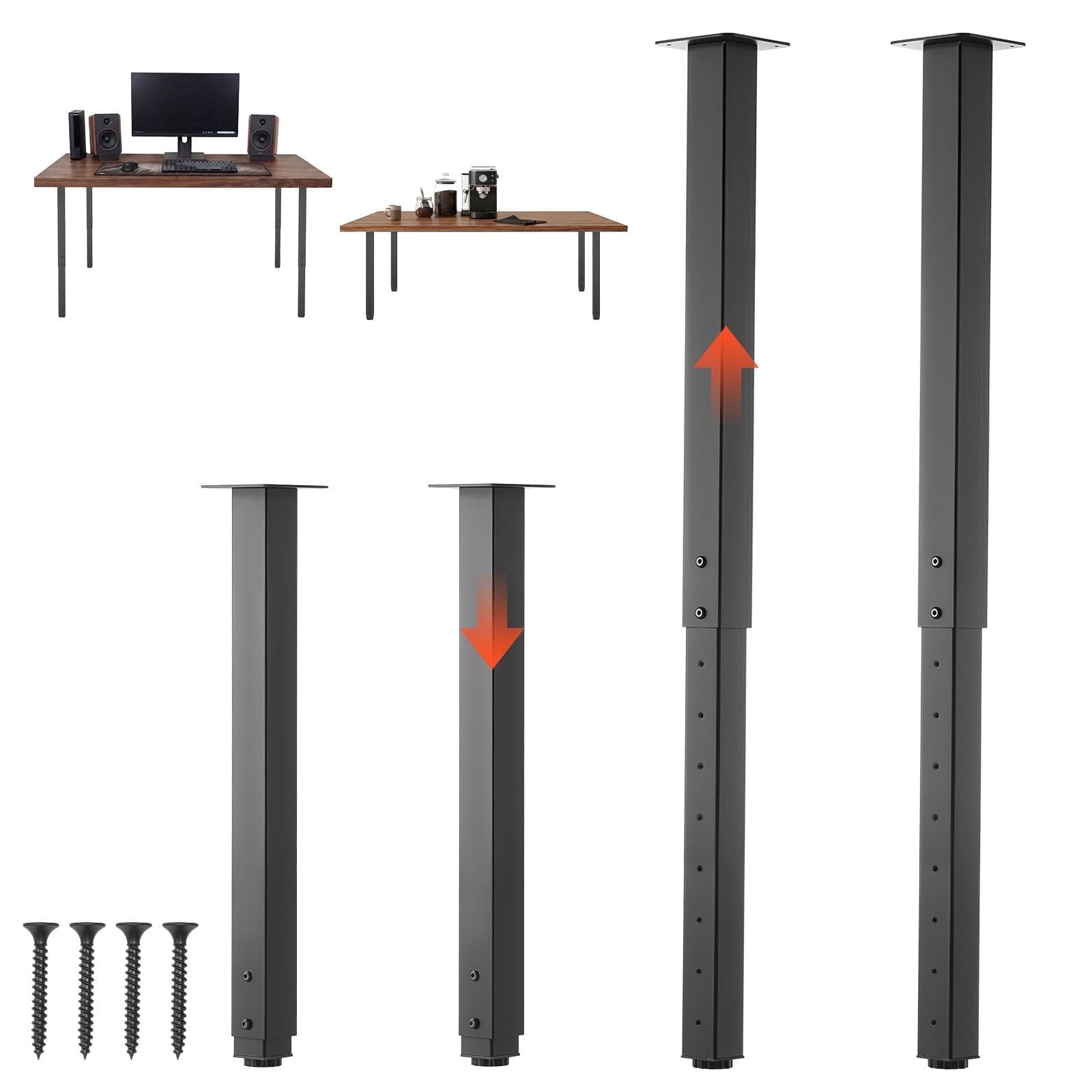 KFFKFF Adjustable Square Steel Table Legs, 24-40 in Height, Heavy Duty Design with 1200 lbs Load Capacity, Easy to Install for DIY Projects, Suitable for Desks, Coffee Tables, Set of 4, Black