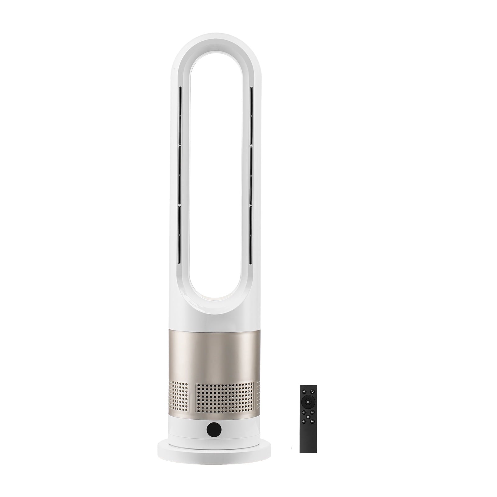 KFFKFF Bladeless Tower Fan, Silent Floor Fan with Cold & Warm Air Output, 80Â° Swiveling Fans with 8 Velocity Levels, 9H Timing, Standalone Fans with Remote for Living Room, Workspace, Residence