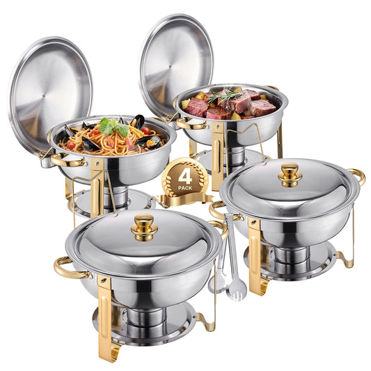KFFKFF 5Qt 4 Packs Chafing Dish Buffet Set, Stainless Steel Round Catering Warmer Set with 4 Full Size Trays, Round Shaped Food Warmer with Lid, Water Tray, Foldable Stand and Clip, Ideal for Wedding