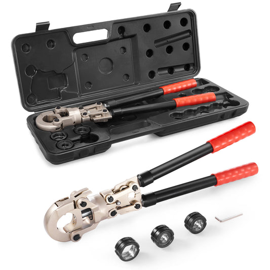 KFFKFF Copper Crimp Tool Tube Fitting Crimp Kit, Professional Crimper with 1/2", 3/4", 1" Quick Change Jaws, Extendable Handle, 360° Rotatable Crimp Tool and Locking Pin