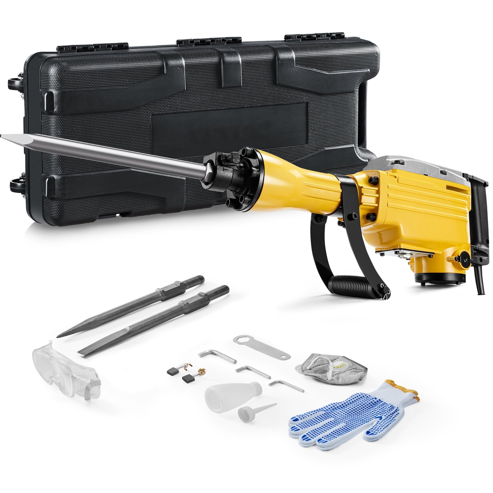 KFFKFF Demolition Jack Hammer, 2200W Electric Demolition Jackhammer, 1350 BPM Heavy Duty, Includes 1 Point Chisel, 1 Flat Chisel, Storage Case, Gloves and Goggles, Ideal for Demolition
