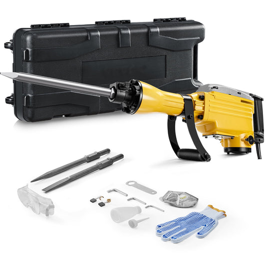 KFFKFF Demolition Jack Hammer, 2200W Electric Demolition Jackhammer, 1350 BPM Heavy Duty, Includes 1 Point Chisel, 1 Flat Chisel, Storage Case, Gloves and Goggles, Ideal for Demolition