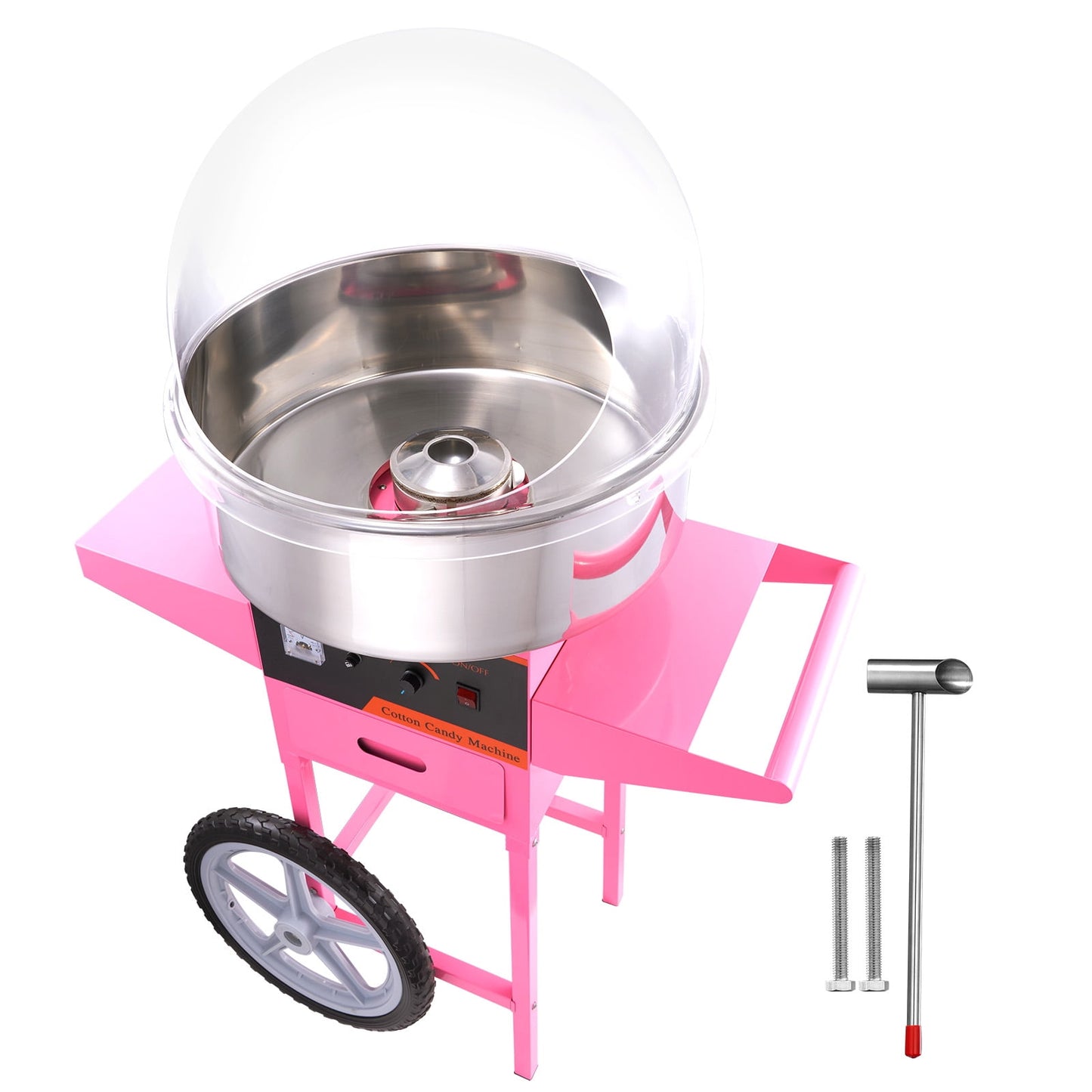 KFFKFF Electric Cotton Candy Maker on Wheels with Protective Dome, 1000W Professional Candy Floss Machine with Metal Bowl, Sugar Spoon, and Storage, for Celebrations, Birthdays, Gatherings Pink