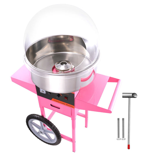 KFFKFF Electric Cotton Candy Maker on Wheels with Protective Dome, 1000W Professional Candy Floss Machine with Metal Bowl, Sugar Spoon, and Storage, for Celebrations, Birthdays, Gatherings Pink