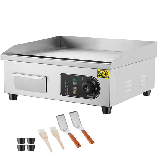 KFFKFF Electric Griddle for Commercial Use, 1700W Countertop Grill with Flat Surface, Temperature Control from 122℉ to 572℉, Dimensions 17.72 x 11.81 x 0.39 inches,and 2 Brushes