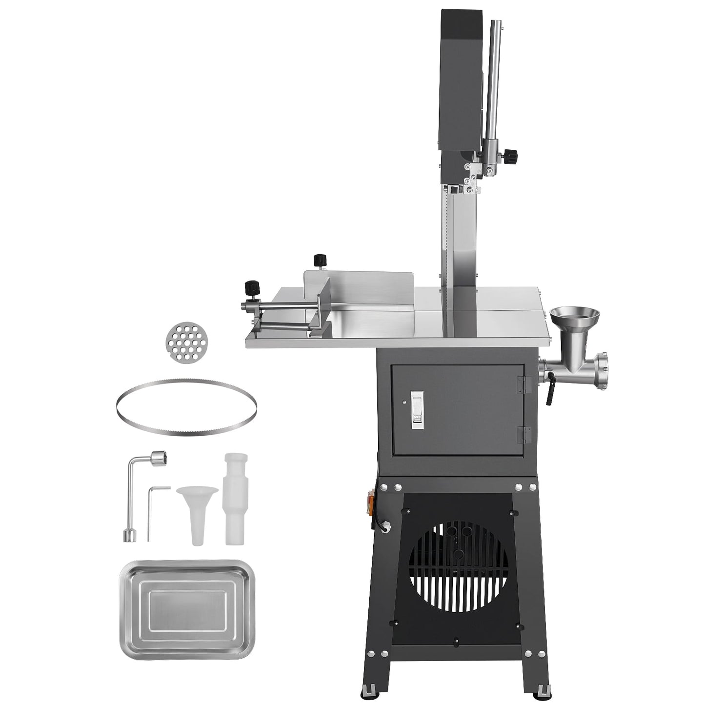 KFFKFF Electric Meat Saw, 850W Stainless Vertical Cutter, 19.1"x15" Table, Cuts 7.09" Thick, Ideal for Frozen Meat, Includes Blade for Ribs, Pork, Beef