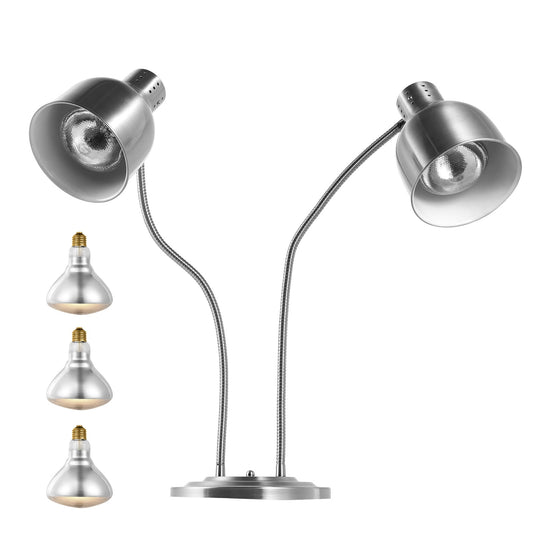 KFFKFF Food Warming Lamp, 500W Electric Professional Food Heating Light, Dual-Head Stainless Steel Potato Fry Warming Lamp with Trio of Bulbs, Food Heating Gear for Home Kitchen, Buffet, Diner