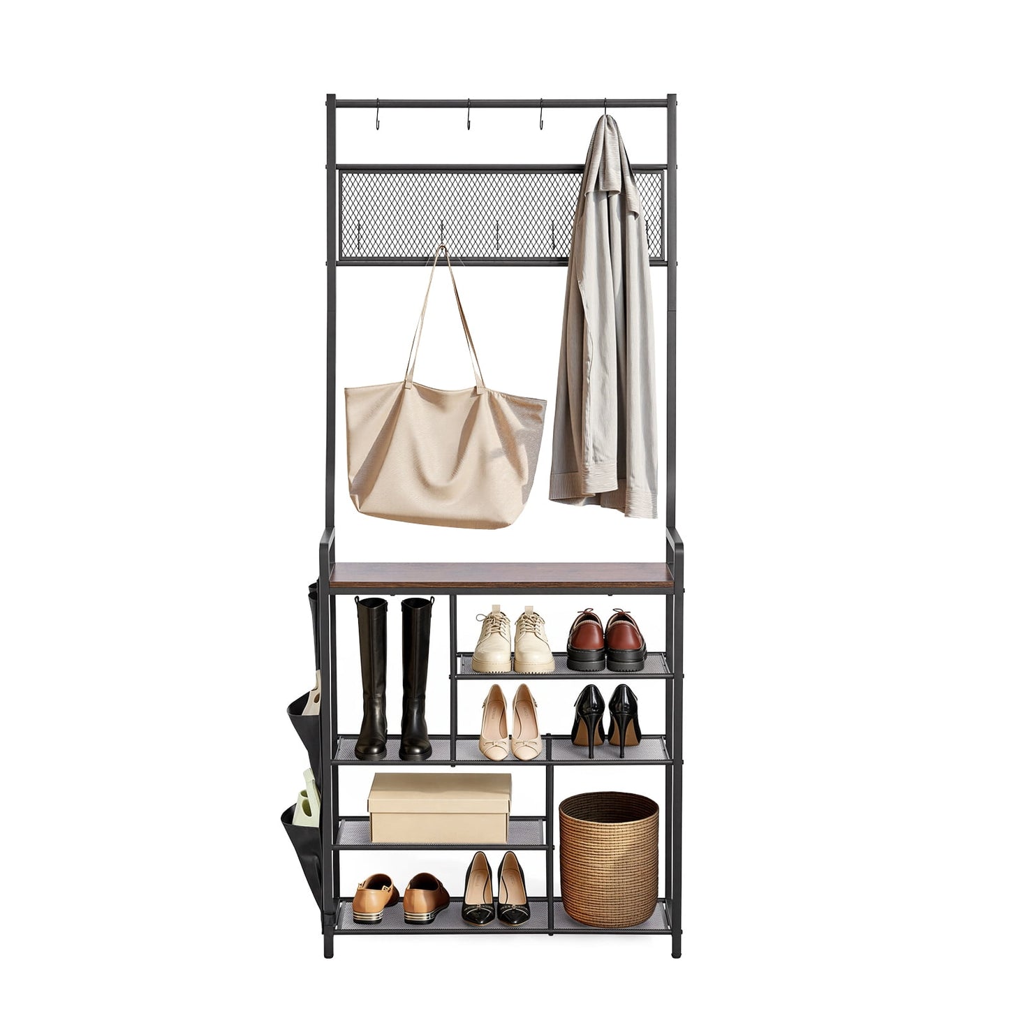 KFFKFF Freestanding Hall Tree with Coat Rack, 70.9-Inch Organizer Featuring 4-Tier Shoe Storage, Hooks, Side Pocket, and Wire Shelf, Steel Frame for Entryway, Bedroom, or Closet