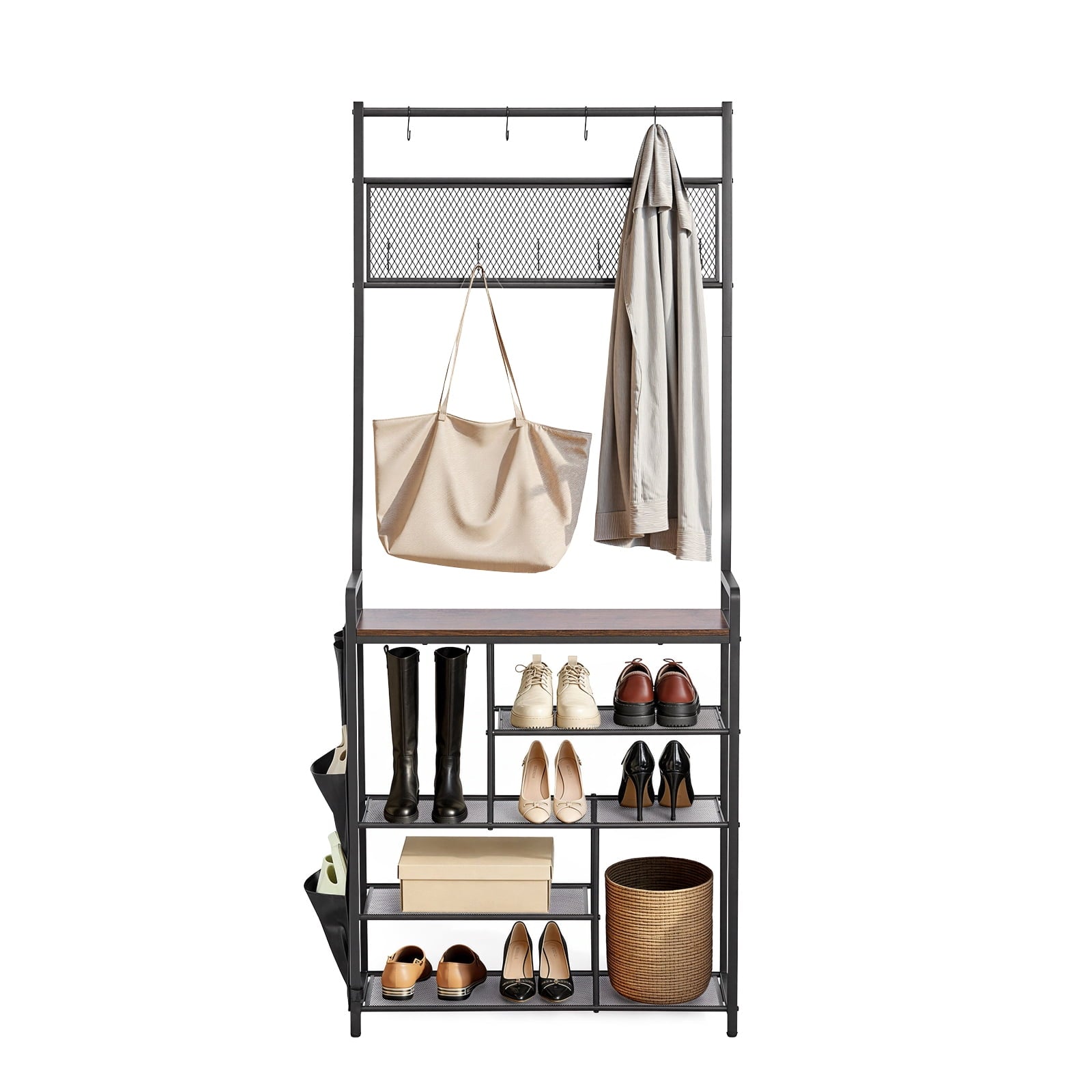 KFFKFF Freestanding Hall Tree with Coat Rack, 70.9-Inch Organizer Featuring 4-Tier Shoe Storage, Hooks, Side Pocket, and Wire Shelf, Steel Frame for Entryway, Bedroom, or Closet