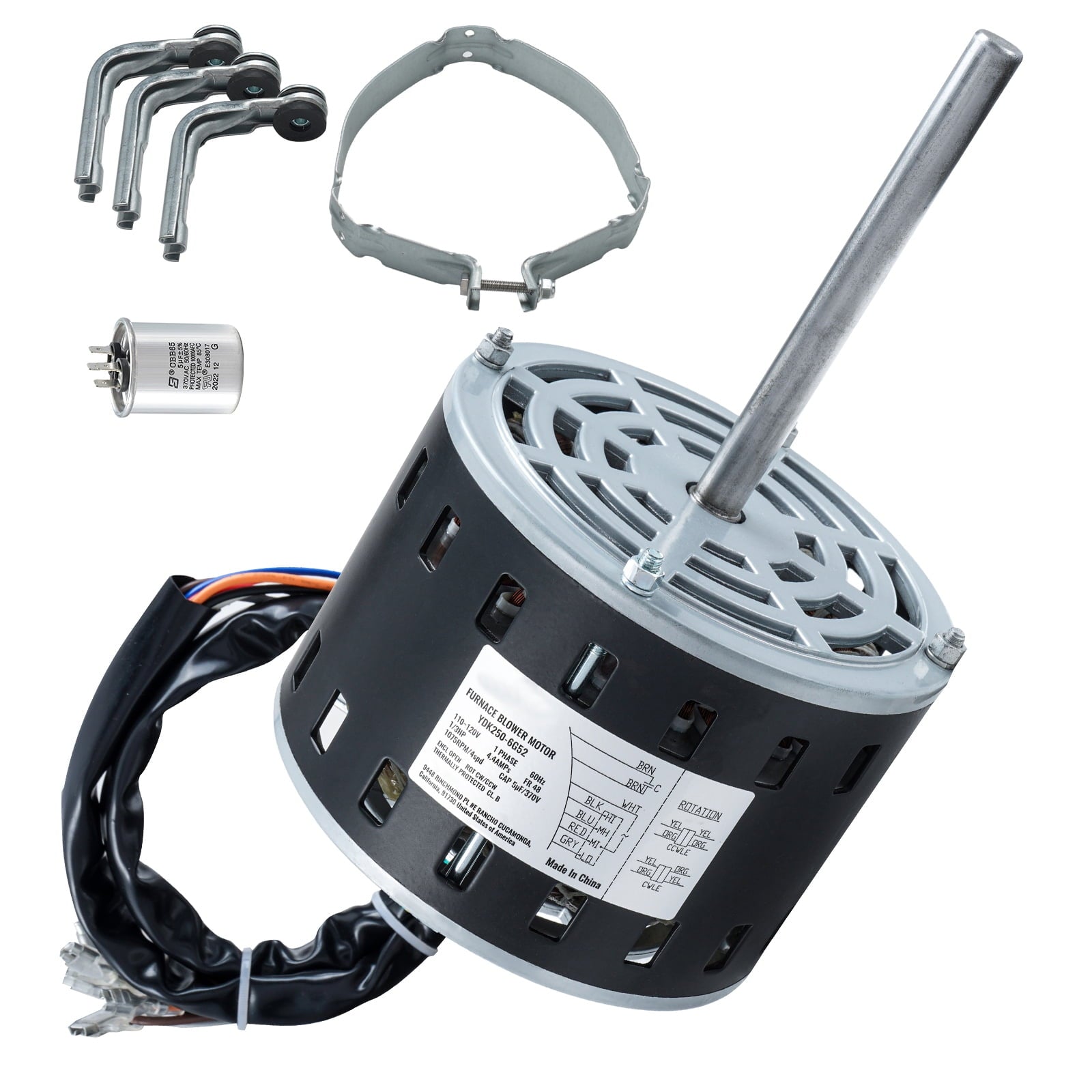KFFKFF Furnace Fan Motor, 1/3HP, 110/120V at 4.4Amps, 1075RPM with 4 Speeds, Clockwise/Anti-Clockwise Rotation, 48 Frame with 5.2" Shaft Length, 5Î¼F/370V Capacitor and 11" Support Ring