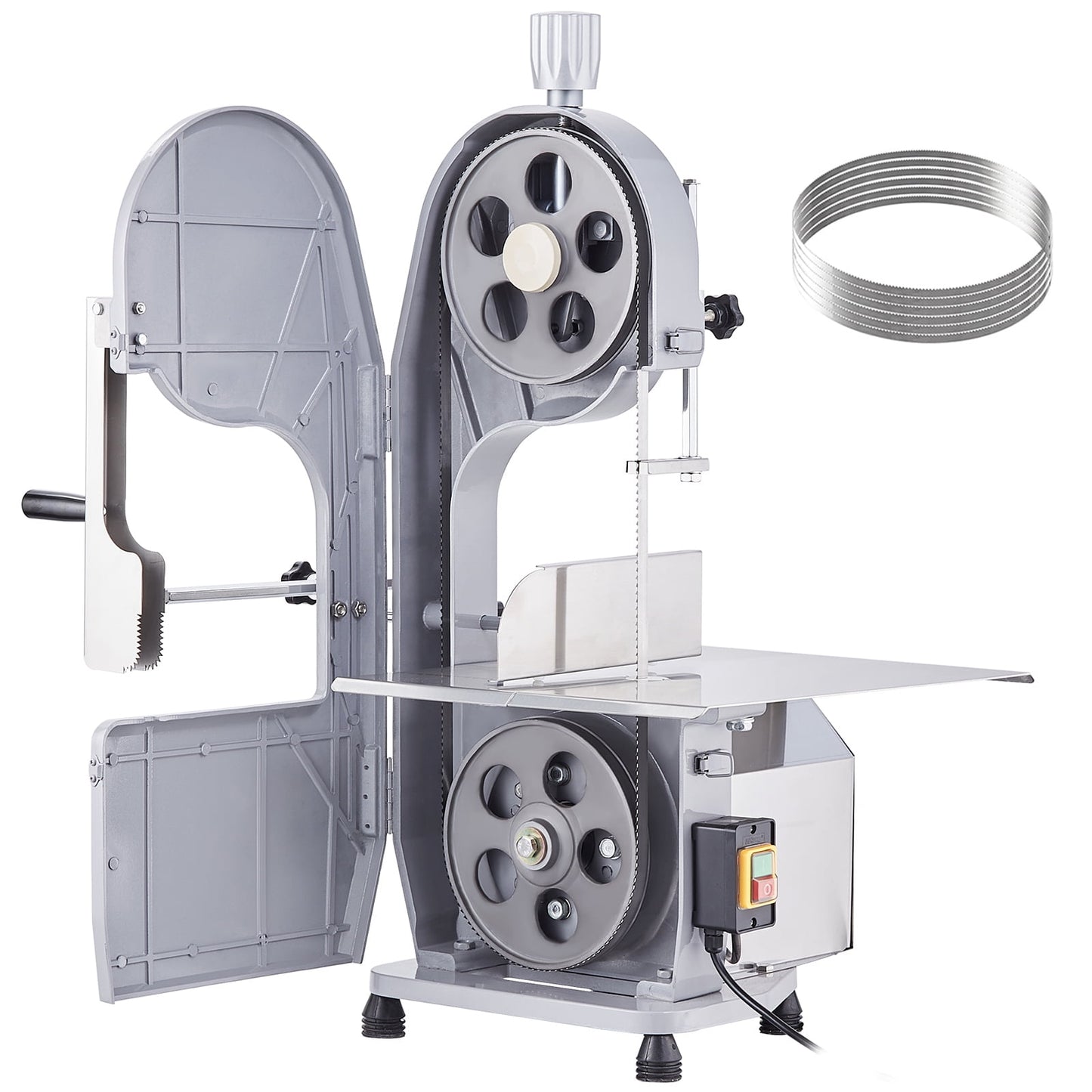 KFFKFF Industrial Electric Meat Band Cutter, 1100W Stainless Steel Tabletop Bone Slicing Device, Workspace 19.3" x 15", 0.16-7.9 Inch Slice Thickness, Frozen Meat Slicer with 6 Blades
