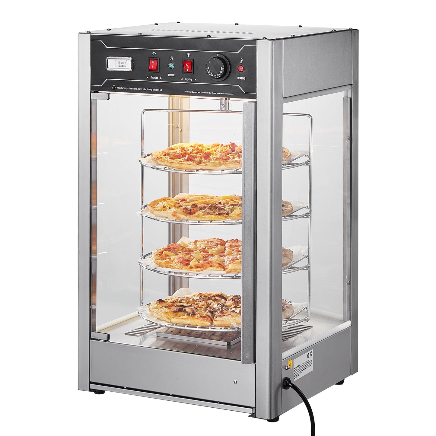 KFFKFF Industrial Pizza Heat Keeper for 14" Pizza, Quadruple Layer Pizza Heat Preserver with Rotational Steam Warming, 86℉~185℉ Temperature Adjustment and Temperature Indicator