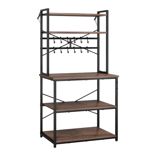 KFFKFF Kitchen Bakers Rack, 31.5-Inch Wide Storage Stand with X-Shaped Support, 12 Hooks, Double-Tier Upper Shelf, Multifunctional Organizer for Dishes, Bowls, and Spice Containers