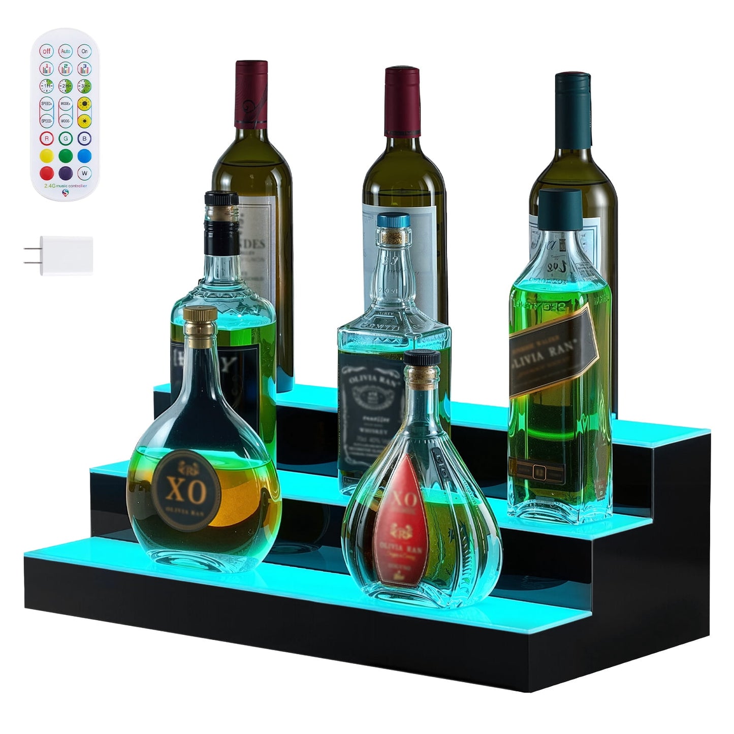 KFFKFF LED Lighted Liquor Bottle Display, 3-Tier 20-Inch Whiskey Rack with USB Support, Illuminated Bar Shelf with RF Remote & App Control, 9 Color Options, Acrylic Shelf for 15 Bottles