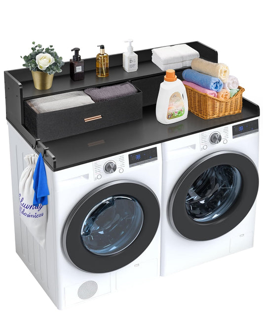 KFFKFF Laundry Room Organizer with Dual Drawers and Double Layer Shelf, 54" x 27" Wood Constructed Washer-Dryer Top, Equipped with Anti-Skid Pads, Water-Resistant Black Laundry Surface