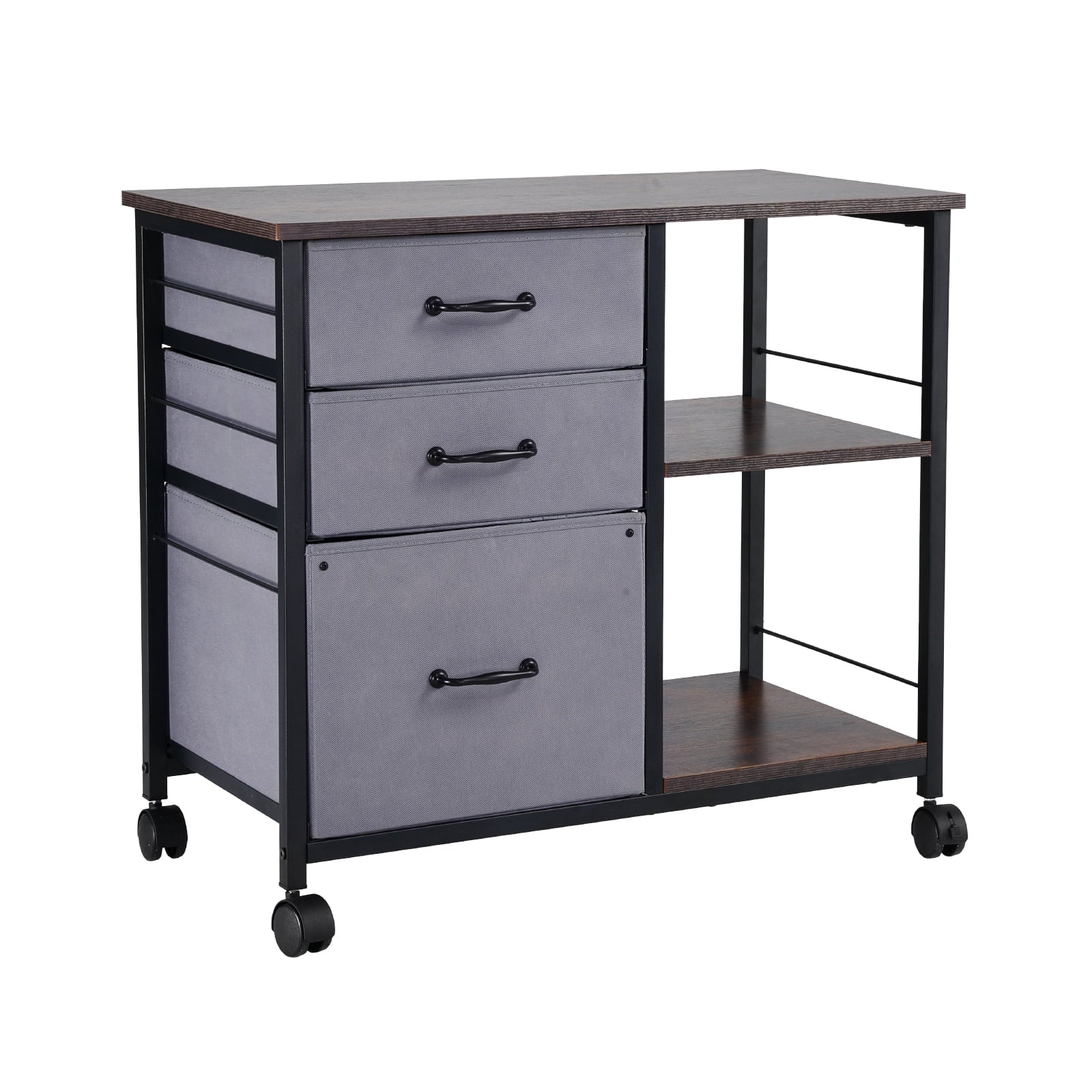 KFFKFF Metal File Cabinet, Mobile Filing Unit with 3 Fabric Drawers and 2 Open Shelves, Wooden Vertical Storage Cabinet with Wheels for Letter, A4, and Legal Size Files, Easy to Assemble, Brown