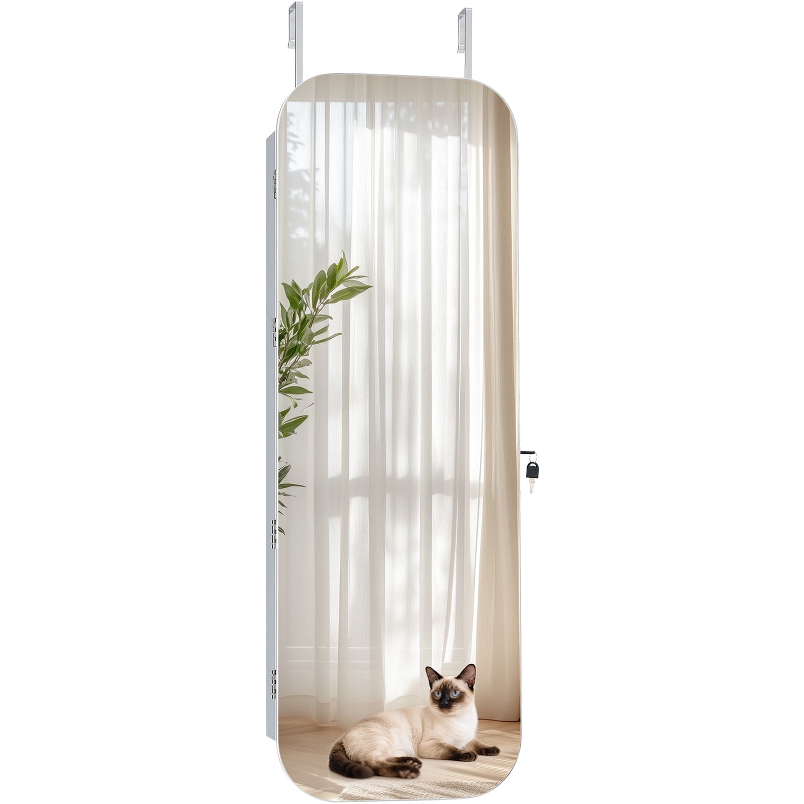 KFFKFF Mirror Jewelry Cabinet, 42.5-inch Tall, Full-Length Mirror with Storage, Wall Mount or Over-the-Door Organizer, Rounded Design, Lockable with Keys and Includes Travel Organizer, White