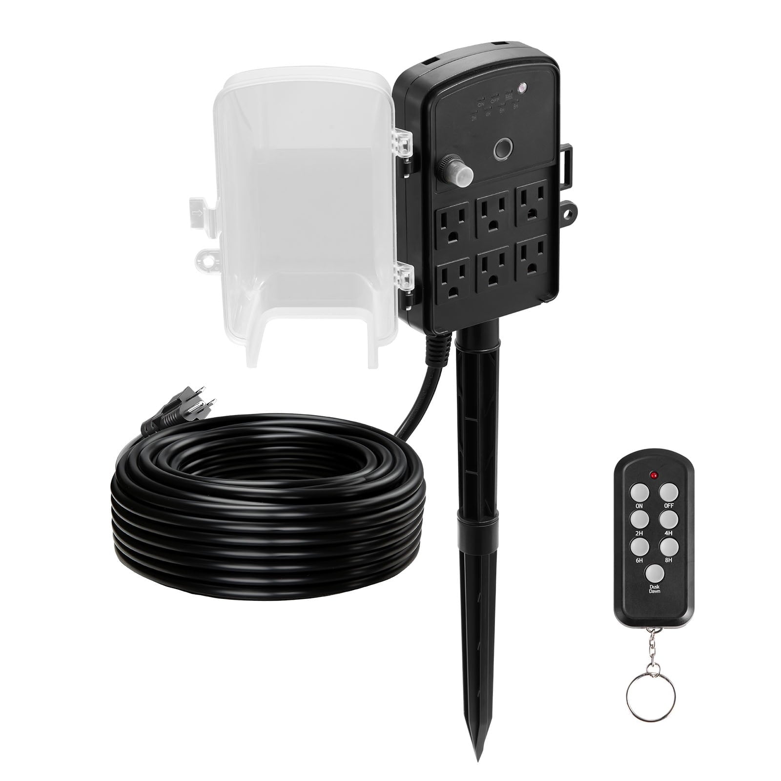 KFFKFF Outdoor Power Stake with 100FT Extension Cord, Weather-Resistant Power Strip with Cover, Remote-Controlled Light Timer, 6 Outlets, 1625W/13A, Ideal for Holiday Decorations and Garden Use