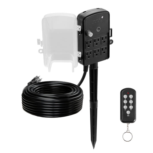 KFFKFF Outdoor Power Stake with 100FT Extension Cord, Weather-Resistant Power Strip with Cover, Remote-Controlled Light Timer, 6 Outlets, 1625W/13A, Ideal for Holiday Decorations and Garden Use
