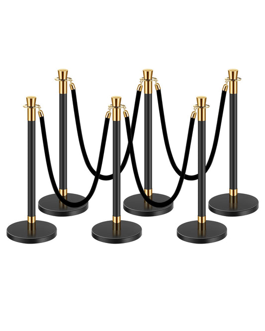 KFFKFF Queue Posts and Plush Cords, Set of 6 Crowd Management Barriers with 4 Plush Black Cords, Stainless Steel Queue Pillar with Sand-Filled Hollow Base for Stage, Nuptial, Festive Accessories